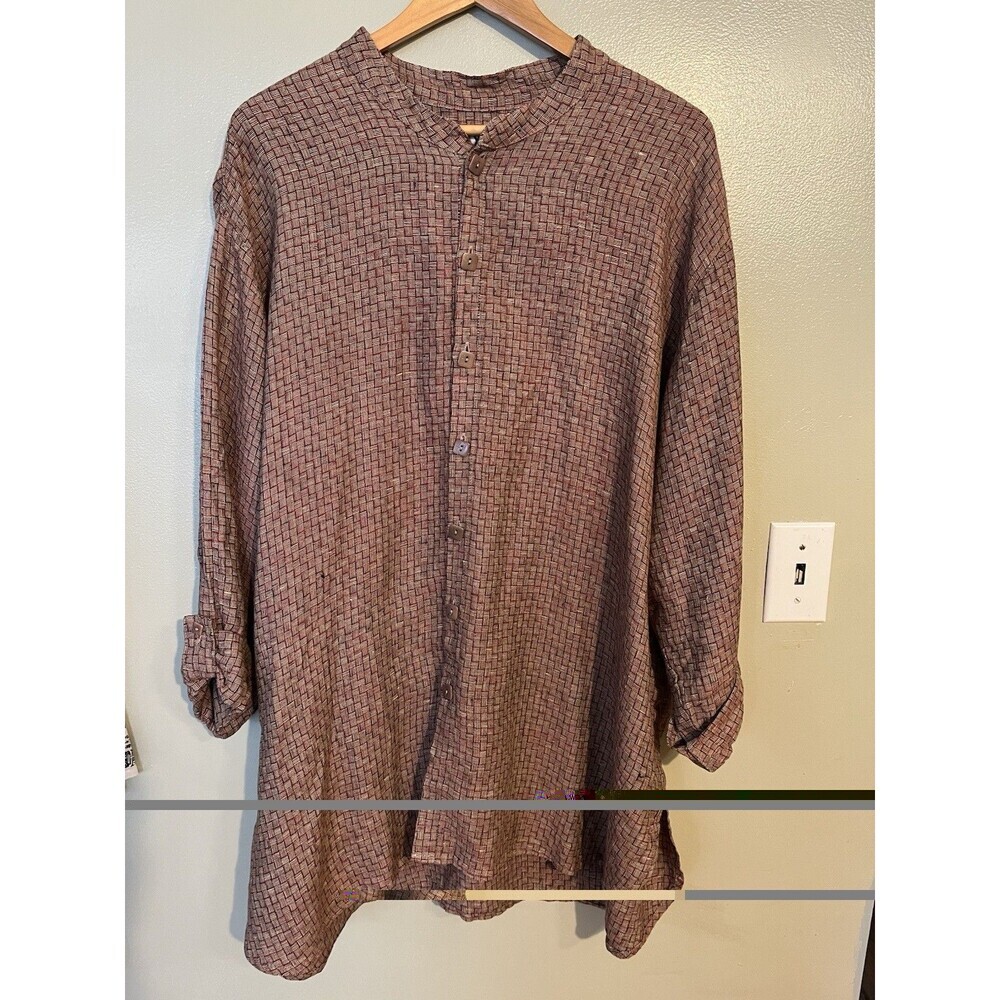 Flax Womens Brown Lagenlook Womens Button Up Shirt Vintage Textured Oversized L